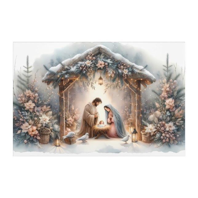 Rustic Nativity Scene with Winter Florals Acrylic Print (Front)