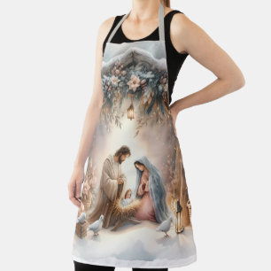 Rustic Nativity Scene with Winter Florals Apron