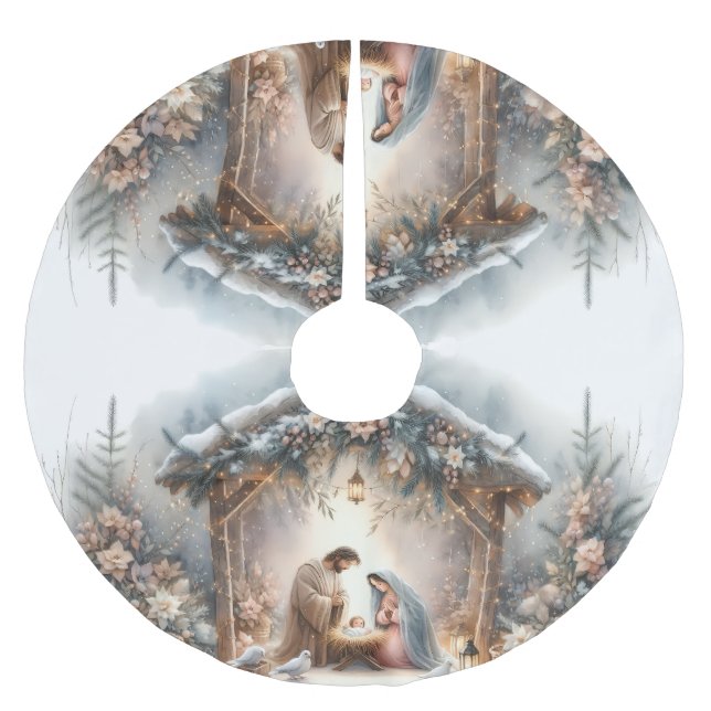 Rustic Nativity Scene with Winter Florals Brushed Polyester Tree Skirt (Front)