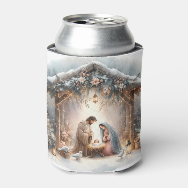Rustic Nativity Scene with Winter Florals Can Cooler (Can Front)