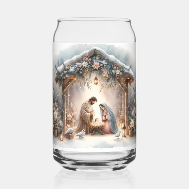 Rustic Nativity Scene with Winter Florals Can Glass (Front)