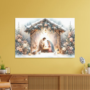 Rustic Nativity Scene with Winter Florals Canvas Print