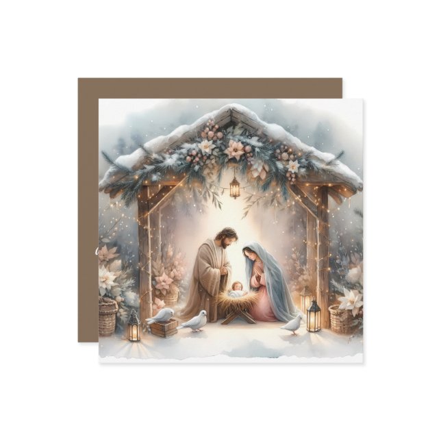 Rustic Nativity Scene with Winter Florals Card (Front/Back In Situ)