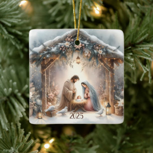 Rustic Nativity Scene with Winter Florals Card Ceramic Ornament