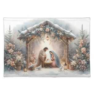 Rustic Nativity Scene with Winter Florals Cloth Placemat