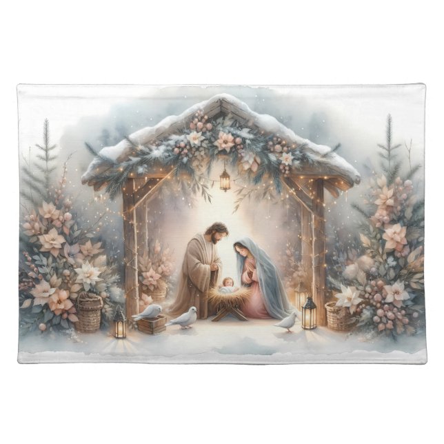 Rustic Nativity Scene with Winter Florals Cloth Placemat (Front)