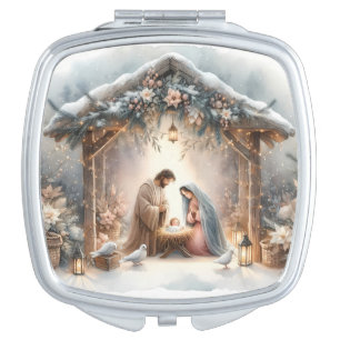 Rustic Nativity Scene with Winter Florals Compact Mirror