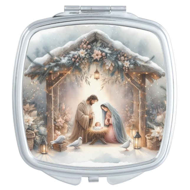 Rustic Nativity Scene with Winter Florals Compact Mirror (Front)