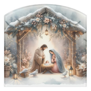 Rustic Nativity Scene with Winter Florals Door Sign
