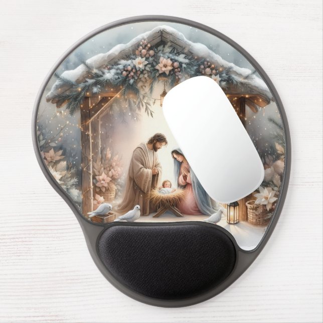 Rustic Nativity Scene with Winter Florals Gel Mouse Pad (Left Side)