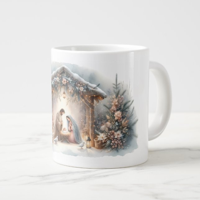 Rustic Nativity Scene with Winter Florals Giant Coffee Mug (Front Right)