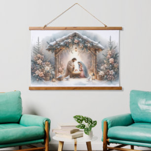 Rustic Nativity Scene with Winter Florals Hanging Tapestry