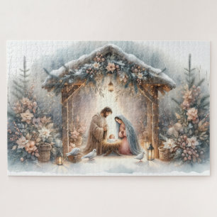 Rustic Nativity Scene with Winter Florals Jigsaw Puzzle