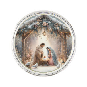 Rustic Nativity Scene with Winter Florals Lapel Pin