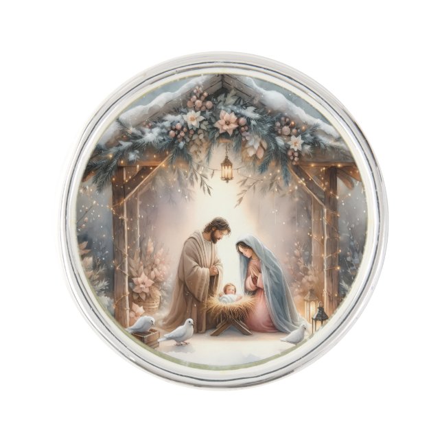 Rustic Nativity Scene with Winter Florals Lapel Pin (Front)