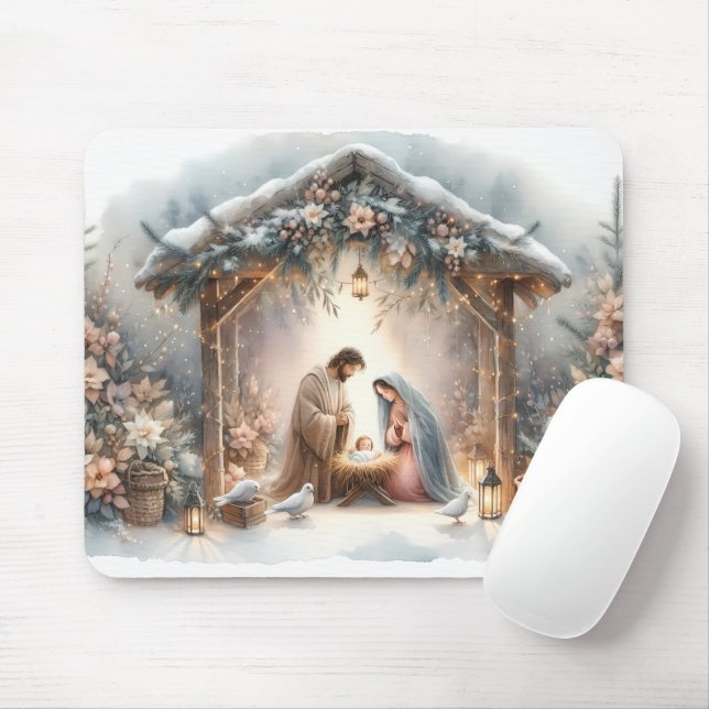 Rustic Nativity Scene with Winter Florals Mouse Pad (With Mouse)