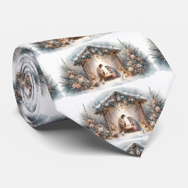 Rustic Nativity Scene with Winter Florals Neck Tie (Rolled)