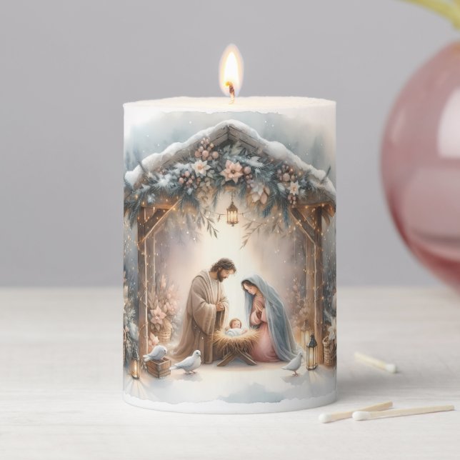 Rustic Nativity Scene with Winter Florals Pillar Candle (In Situ)