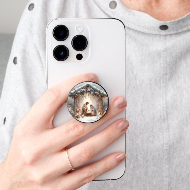 Rustic Nativity Scene with Winter Florals PopSocket (Hand)