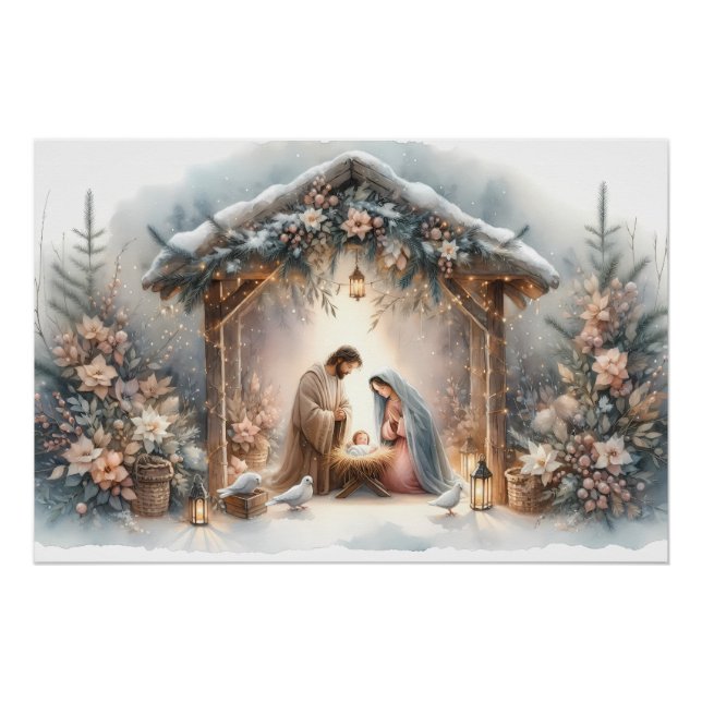 Rustic Nativity Scene with Winter Florals Poster (Front)