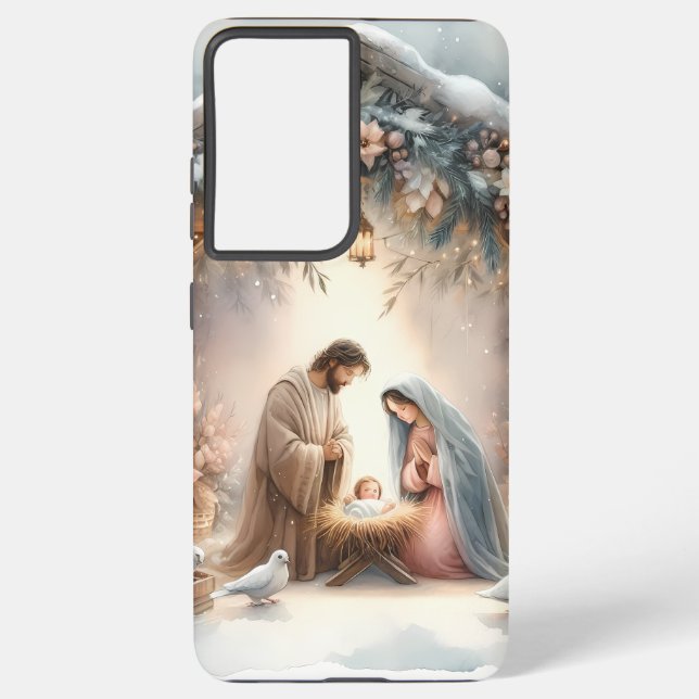 Rustic Nativity Scene with Winter Florals Samsung Galaxy Case (Back)
