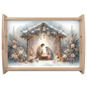 Rustic Nativity Scene with Winter Florals Serving Tray