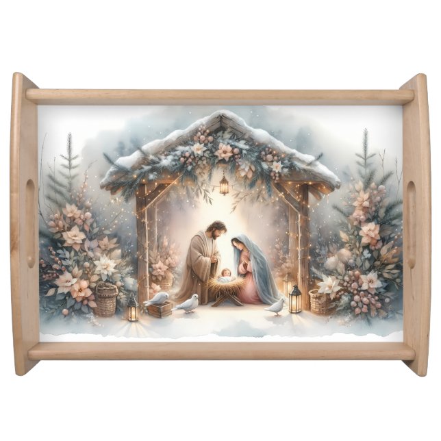 Rustic Nativity Scene with Winter Florals Serving Tray (Front)