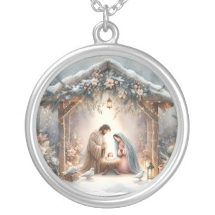 Rustic Nativity Scene with Winter Florals Silver Plated Necklace