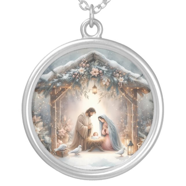 Rustic Nativity Scene with Winter Florals Silver Plated Necklace (Front)