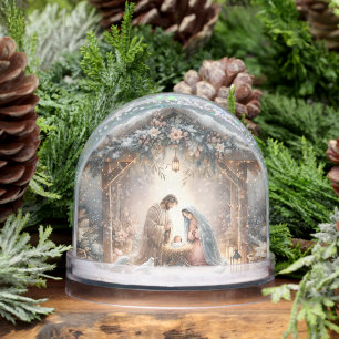 Rustic Nativity Scene with Winter Florals Snow Globe