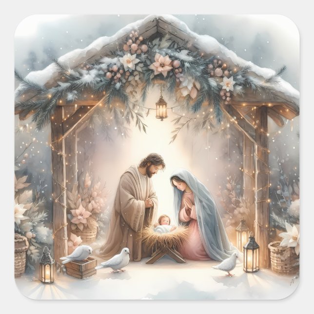 Rustic Nativity Scene with Winter Florals Square Sticker (Front)