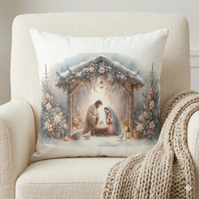 Rustic Nativity Scene with Winter Florals Throw Pillow (Rustic Nativity Scene with Winter Florals Throw Pillow Mockup A)