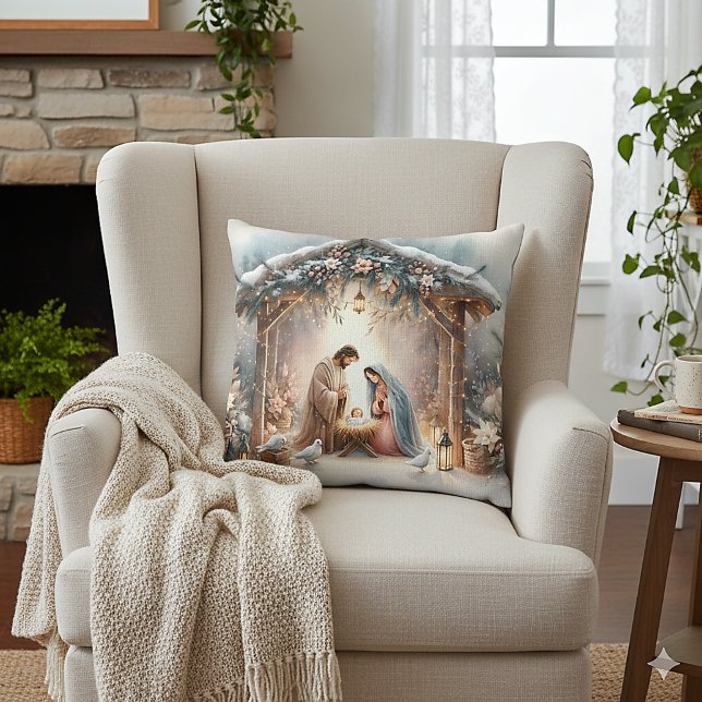 Rustic Nativity Scene with Winter Florals Throw Pillow (Rustic Nativity Scene with Winter Florals )