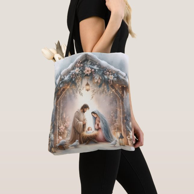 Rustic Nativity Scene with Winter Florals Tote Bag (Close Up)