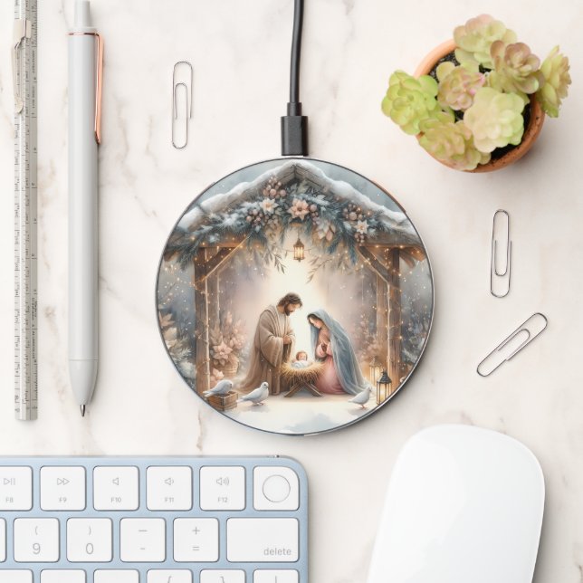 Rustic Nativity Scene with Winter Florals Wireless Charger (Desk)
