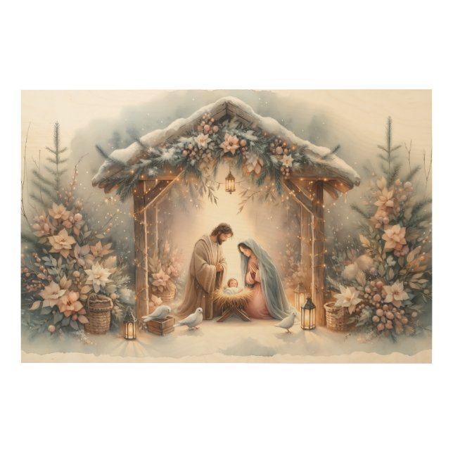 Rustic Nativity Scene with Winter Florals Wood Wall Art (Front)