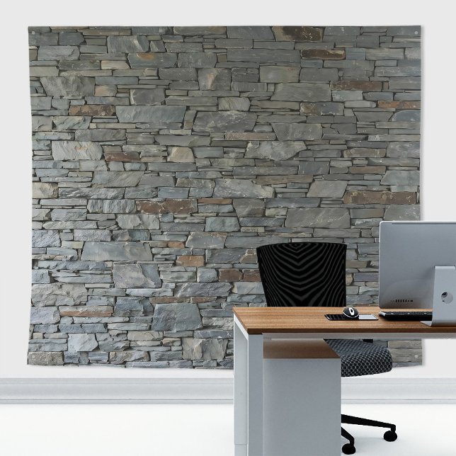 Rustic Natural Gray Orange Stone Slate Wall Tapestry (Gray slates stone wall tapestry decor with stone  texture for zoom meetings backdrop or home decor)