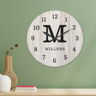 Rustic Natural Light Wood Family Name Monogrammed Large Clock