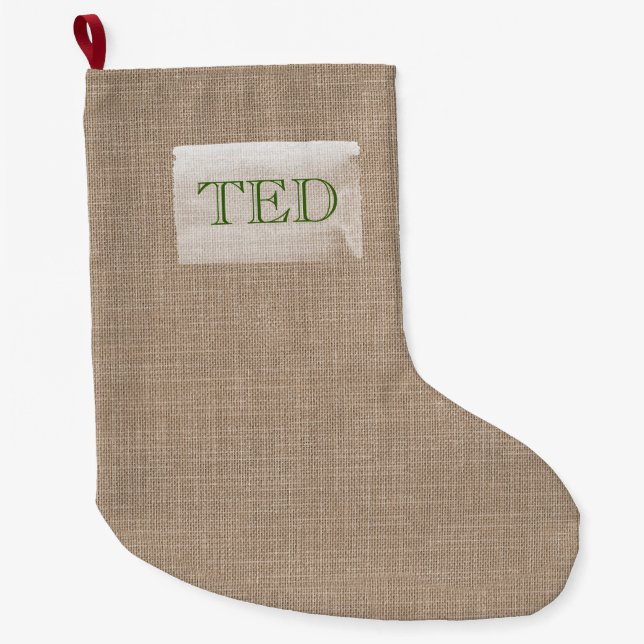 Rustic Natural Linen Christmas NAME red green Large Christmas Stocking (Front)