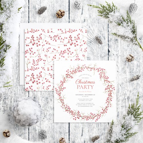 Rustic Natural Red Berry Wreath Holiday Party Invitation