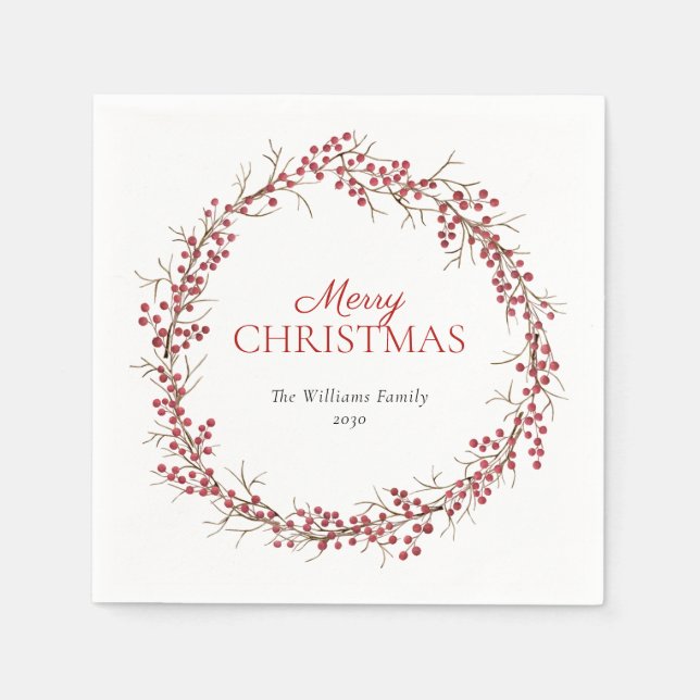 Rustic Natural Red Berry Wreath Merry Christmas Napkins (Front)