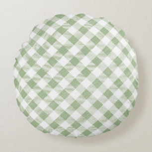 Rustic Natural Sage Gingham Plaid Round Pillow