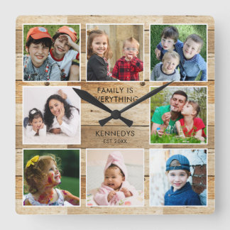 Rustic Natural Wood 8 Photo Collage Family Quote Square Wall Clock