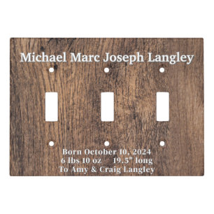 Rustic Natural Wood Country Birth Details Triple Light Switch Cover