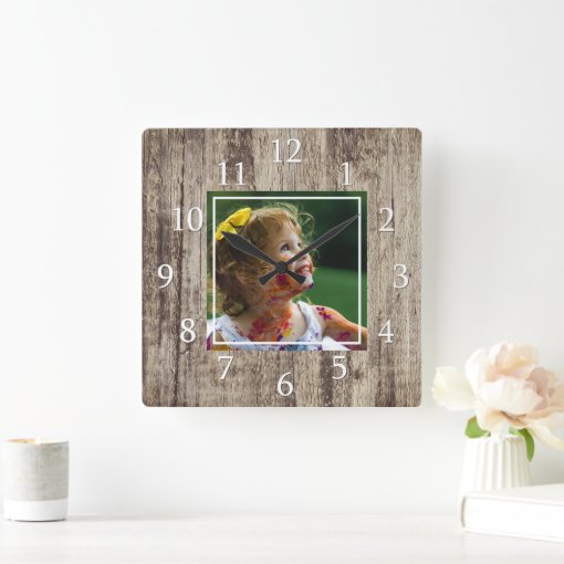Rustic Natural Wood Custom Photo Square Wall Clock Zazzle