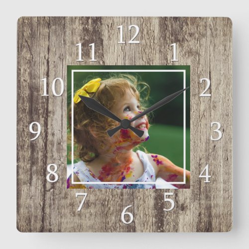Rustic Natural Wood Custom Photo Square Wall Clock