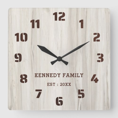  Rustic Natural Wood Family Name Farmhouse Square Wall Clock