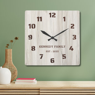  Rustic Natural Wood Family Name Farmhouse Square Wall Clock