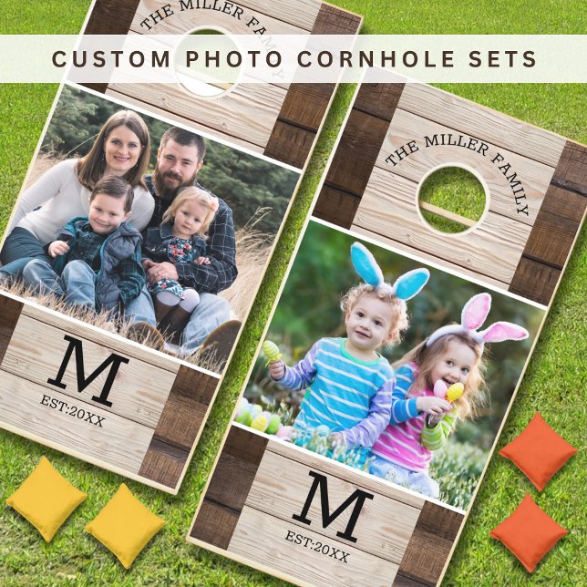 Rustic Natural Wood Family Name Monogram Photo   Cornhole Set (Rustic Natural Wood Family Name Monogram Photo Cornhole Set
)