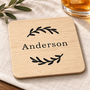 Rustic Natural Wood Laurel Monogram Name Beverage Coaster